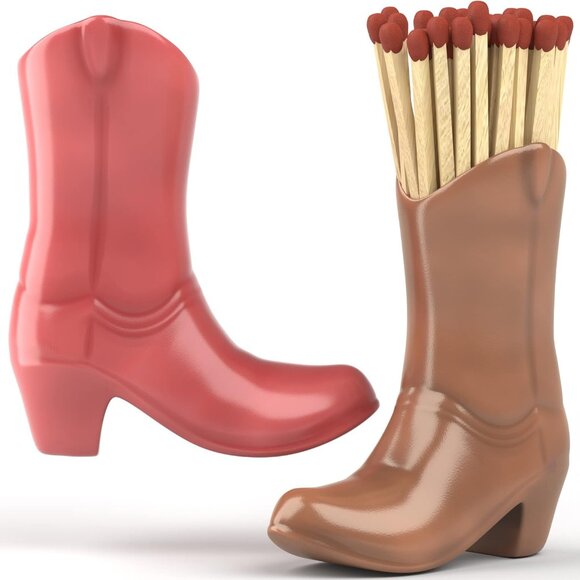 NEW Ceramic Cowboy Boots w Matches Holder Ceramic Box Striker Pink Tan Smokers - Picture 1 of 14